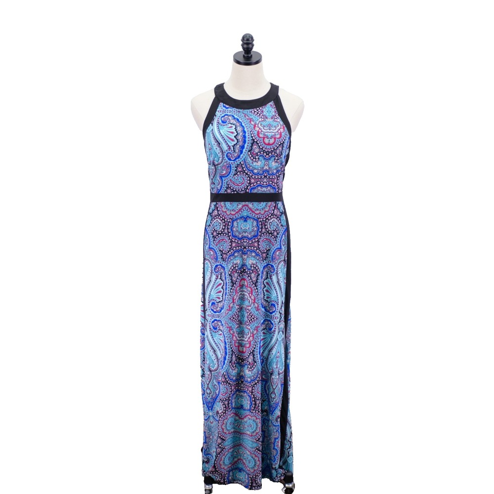 International Concepts‎ -Large- Blue Pink Paisley Dress Open Shoulder Polyester